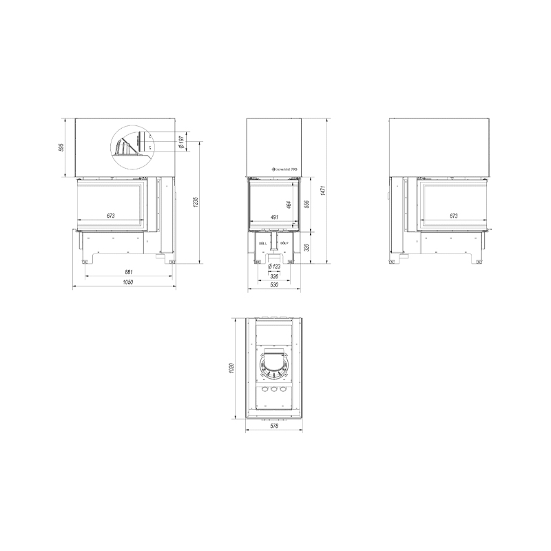 Kratki NBU 500 700 Ενεργειακό Τζάκι Ξύλου Αερόθερμο 11kw Τριών Όψεων από Χάλυβα με Συρόμενη Πόρτα Τεχνικό Σχέδιο