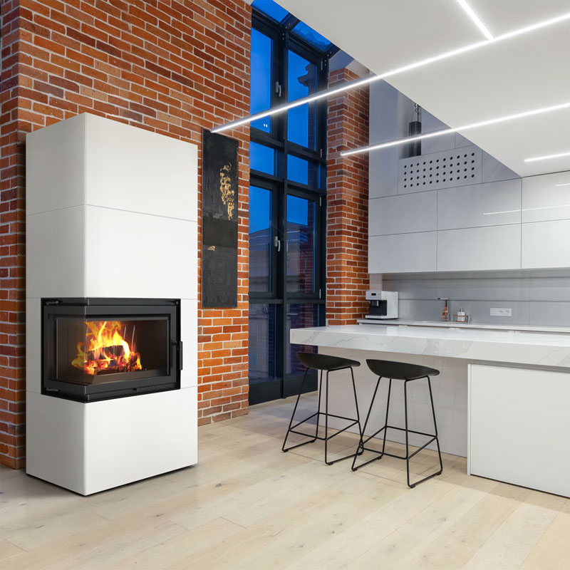 Kratki SIMPLE BOX L S BIANCO Ενεργειακό Τζάκι Ξύλου Αερόθερμο 8kW Αριστερή Γωνία Μαντεμένιο με Ανοιγόμενη Πόρτα