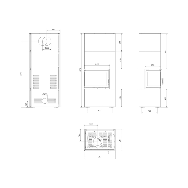 Kratki SIMPLE BOX L S BIANCO Ενεργειακό Τζάκι Ξύλου Αερόθερμο 8kW Αριστερή Γωνία Μαντεμένιο με Ανοιγόμενη Πόρτα Τεχνικό Σχέδιο