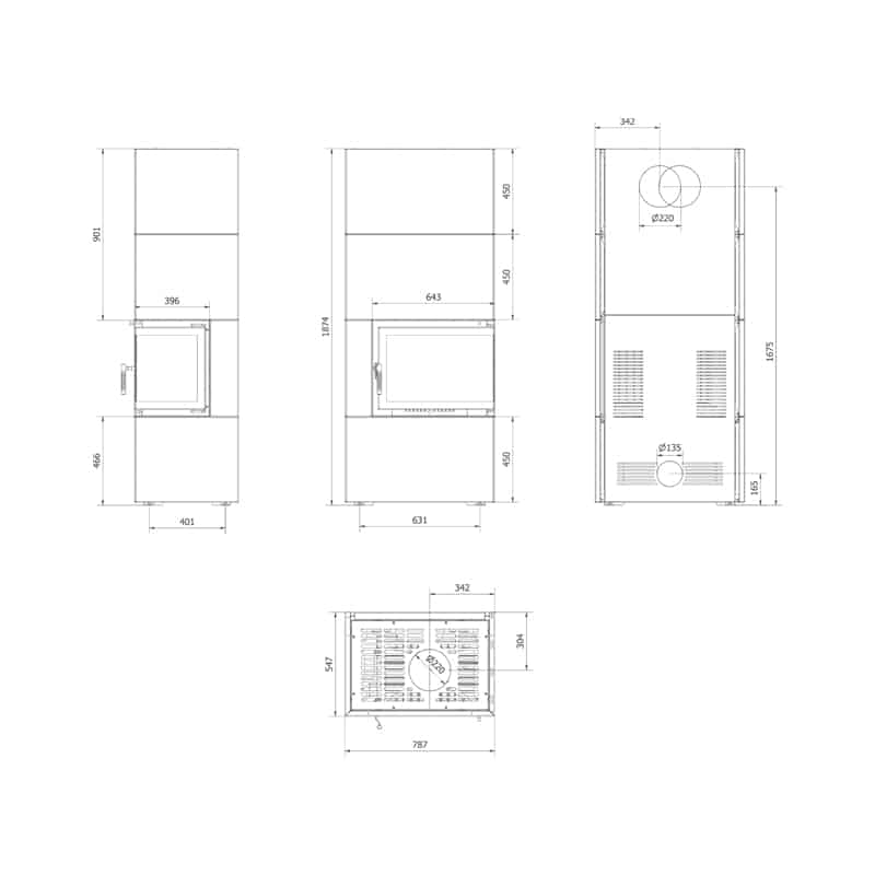 Kratki SIMPLE BOX P S BIANCO Ενεργειακό Τζάκι Ξύλου Αερόθερμο 8kW Δεξιά Γωνία Μαντεμένιο με Ανοιγόμενη Πόρτα Τεχνικό Σχέδιο