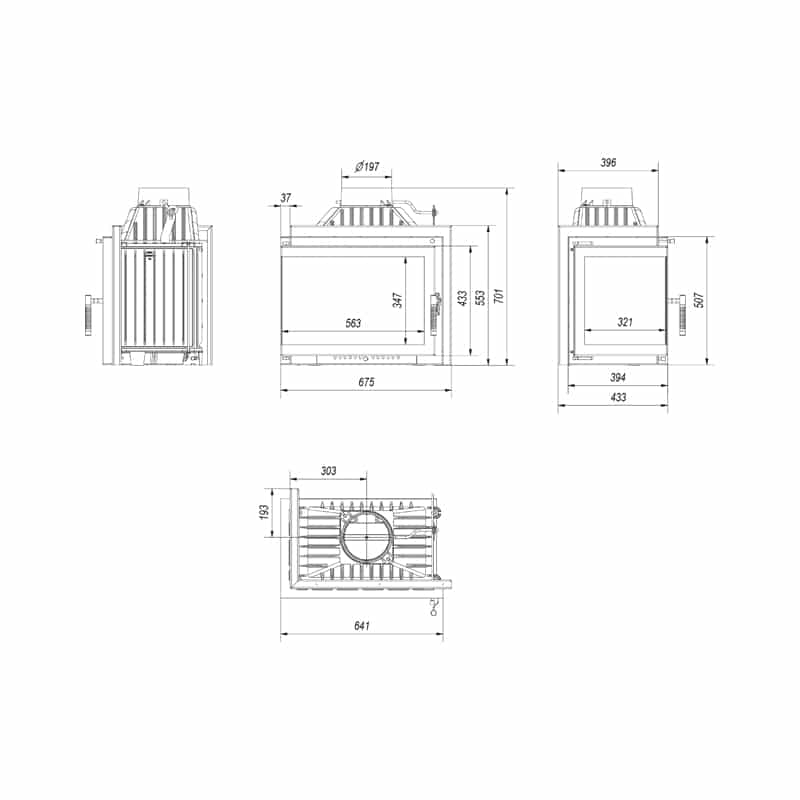 Kratki SIMPLE M S L BS Ενεργειακό Τζάκι Ξύλου Αερόθερμο 8kW Αριστερή Γωνία Μαντεμένιο με Ανοιγόμενη Πόρτα Τεχνικό Σχέδιο