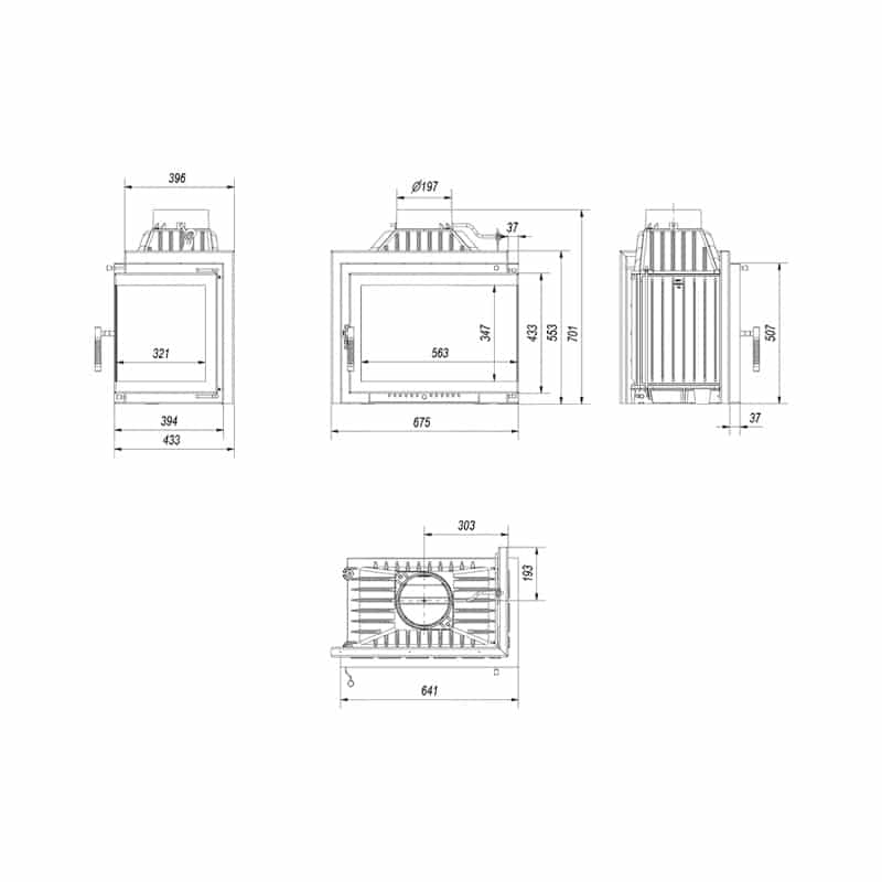 Kratki SIMPLE M S P BS Ενεργειακό Τζάκι Ξύλου Αερόθερμο 8kw Δεξιά Γωνία Μαντεμένιο με Ανοιγόμενη Πόρτα Τεχνικό Σχέδιο