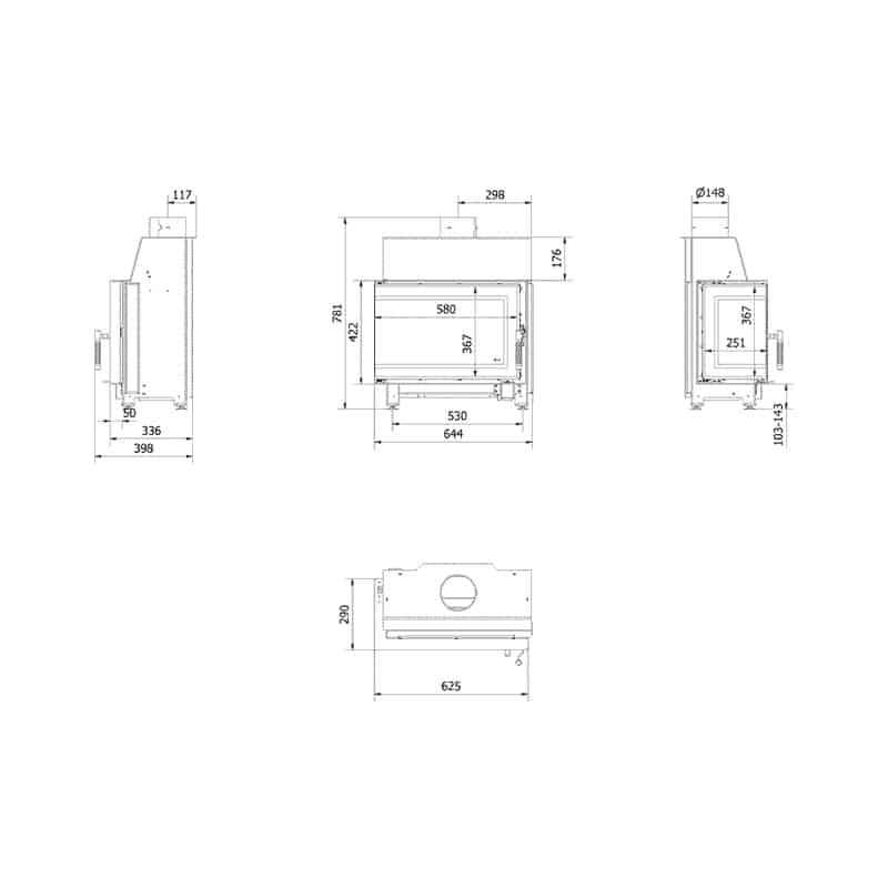 Kratki SIMPLE S L BS Ενεργειακό Τζάκι Ξύλου Αερόθερμο 6kW Αριστερή Γωνία από Χάλυβα με Ανοιγόμενη Πόρτα Τεχνικό Σχέδιο