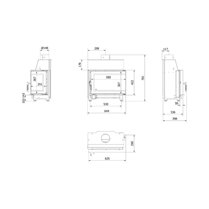 Kratki SIMPLE S P BS Ενεργειακό Τζάκι Ξύλου Αερόθερμο 6kW Δεξιά Γωνία από Χάλυβα με Ανοιγόμενη Πόρτα Τεχνικό Σχέδιο