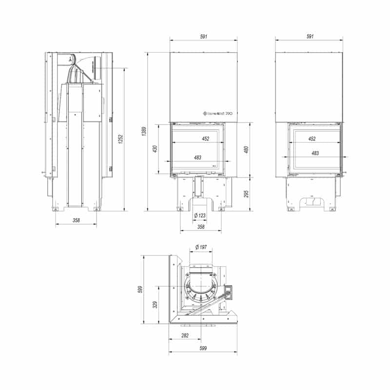 Kratki VNL 480 480 Ενεργειακό Τζάκι Ξύλου Αερόθερμο 8kW Αριστερή Γωνία από Χάλυβα με Συρόμενη Πόρτα Τεχνικό Σχέδιο