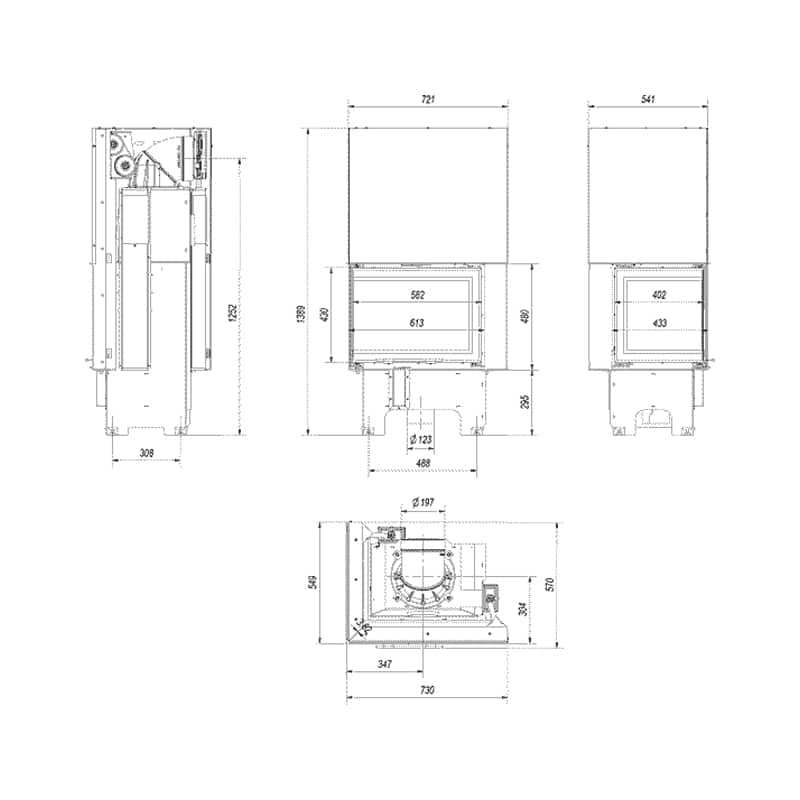 Kratki VNL 610 430 BLACK Ενεργειακό Τζάκι Ξύλου Αερόθερμο 9kW Αριστερή Γωνία από Χάλυβα με Συρόμενη Πόρτα Τεχνικό Σχέδιο