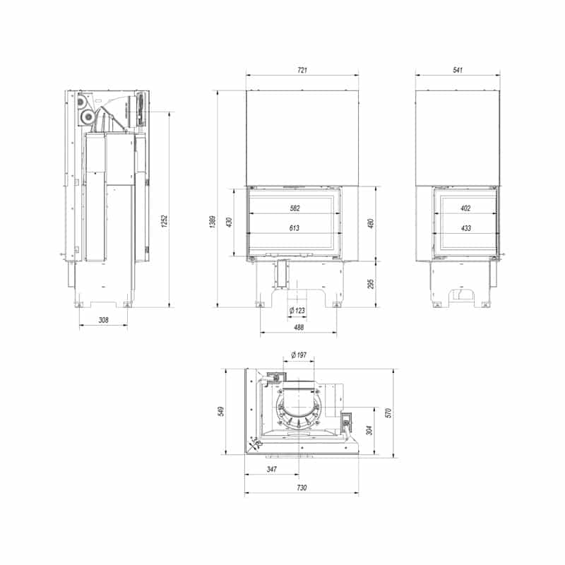 Kratki VNL 610 430 Ενεργειακό Τζάκι Ξύλου Αερόθερμο 9kw Αριστερή Γωνία από Χάλυβα με Συρόμενη Πόρτα Τεχνικό Σχέδιο