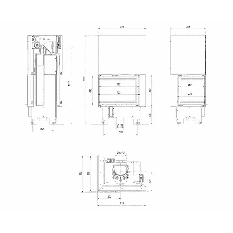 Kratki VNL 700 480 BLACK Ενεργειακό Τζάκι Ξύλου Αερόθερμο 12kW Αριστερή Γωνία από Χάλυβα με Συρόμενη Πόρτα Τεχνικό Σχέδιο