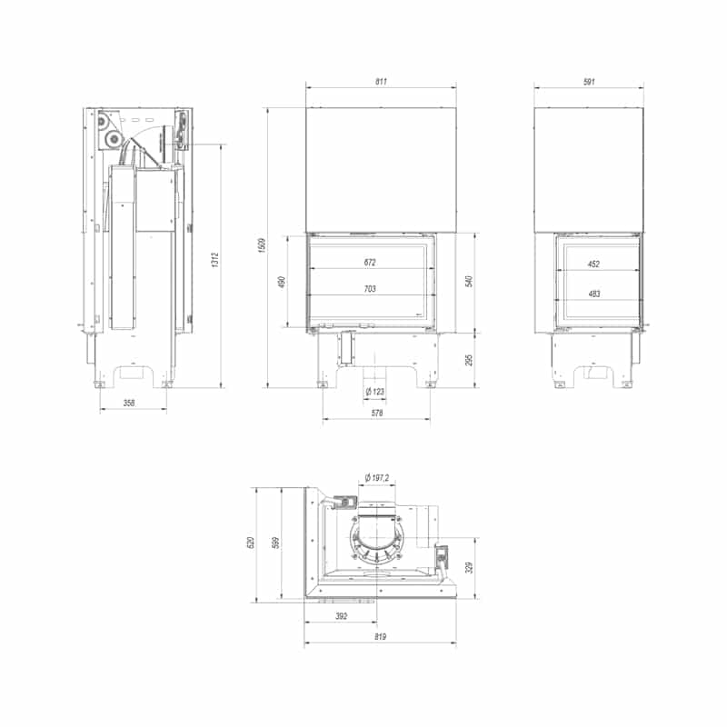 Kratki VNL 700 480 Ενεργειακό Τζάκι Ξύλου Αερόθερμο 12kW Αριστερή Γωνία από Χάλυβα με Συρόμενη Πόρτα Τεχνικό Σχέδιο