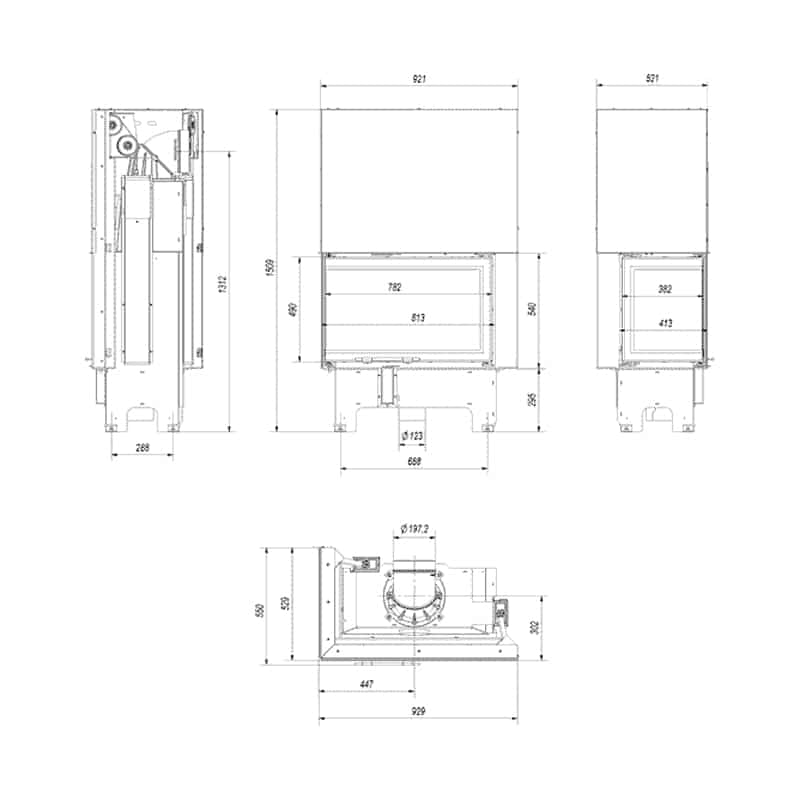 Kratki VNL 810 410 BLACK Ενεργειακό Τζάκι Ξύλου Αερόθερμο 14kW Αριστερή Γωνία από Χάλυβα με Συρόμενη Πόρτα Τεχνικό Σχέδιο