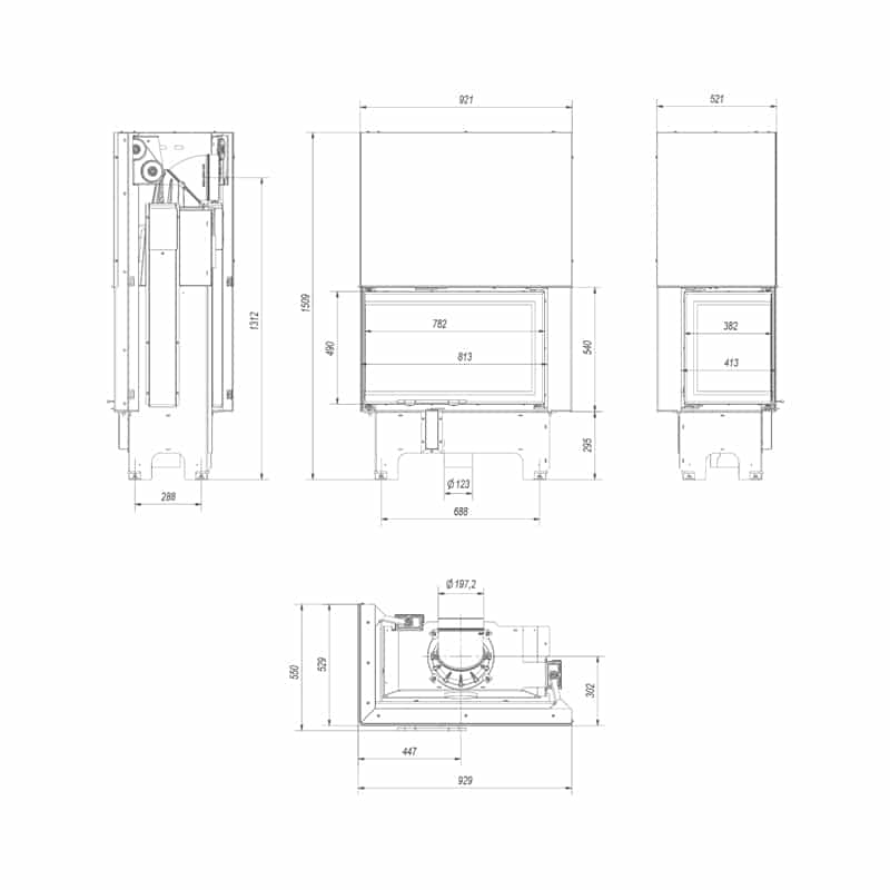 Kratki VNL 810 410 Ενεργειακό Τζάκι Ξύλου Αερόθερμο 14kW Αριστερή Γωνία από Χάλυβα με Συρόμενη Πόρτα Τεχνικό Σχέδιο