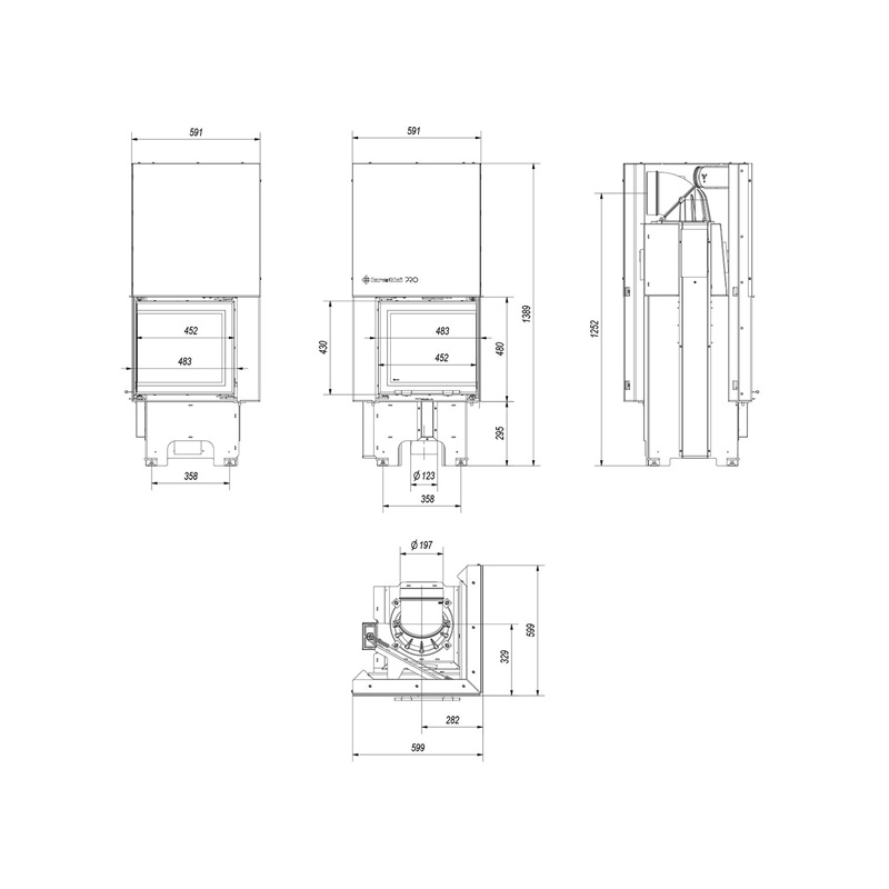 Kratki VNP 480 480 Ενεργειακό Τζάκι Ξύλου Αερόθερμο 8kW Δεξιά Γωνία από Χάλυβα με Συρόμενη Πόρτα Τεχνικό Σχέδιο