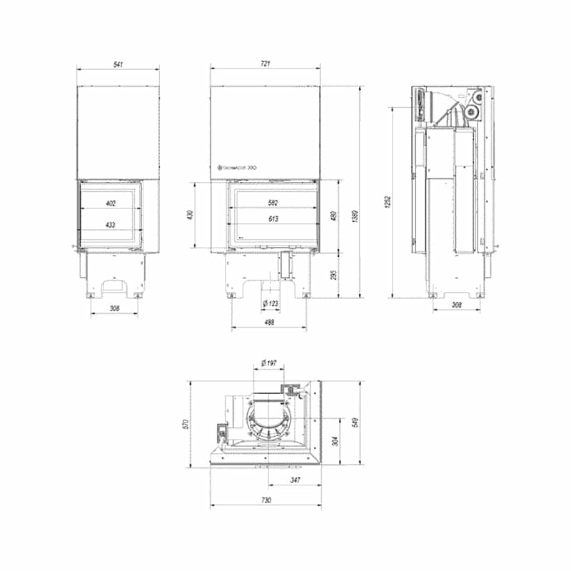 Kratki VNP 610 430 Ενεργειακό Τζάκι Ξύλου Αερόθερμο 9kW Δεξιά Γωνία από Χάλυβα με Συρόμενη Πόρτα Τεχνικό Σχέδιο