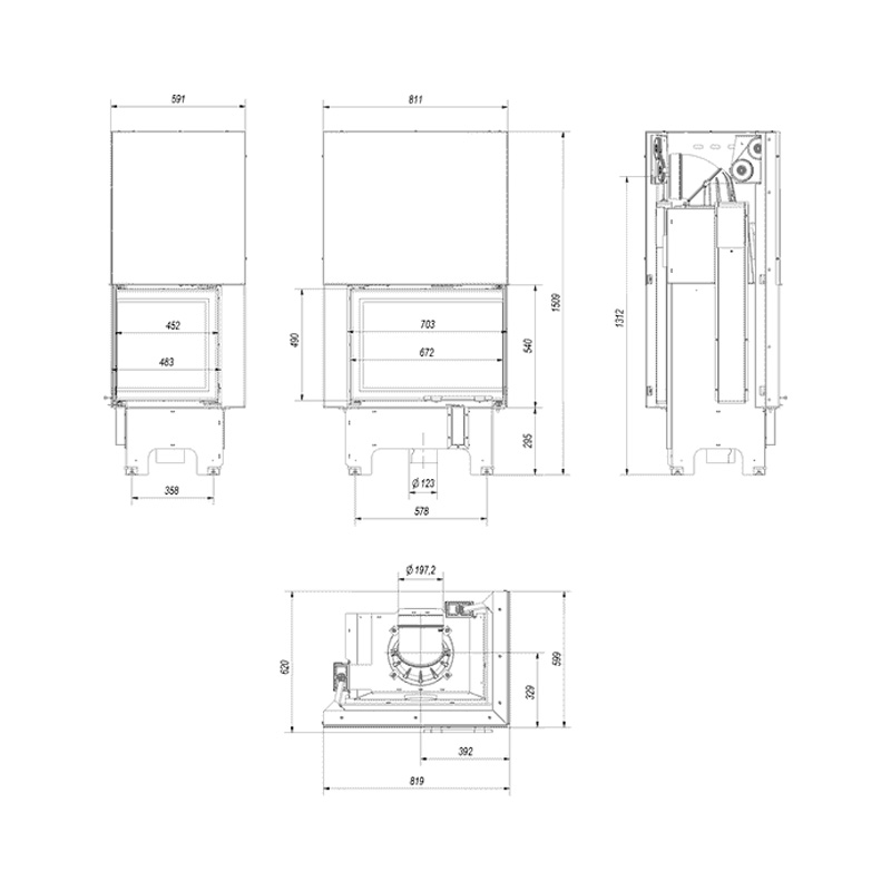 Kratki VNP 700 480 BLACK Ενεργειακό Τζάκι Ξύλου Αερόθερμο 12kW Δεξιά Γωνία από Χάλυβα με Συρόμενη Πόρτα Τεχνικό Σχέδιο