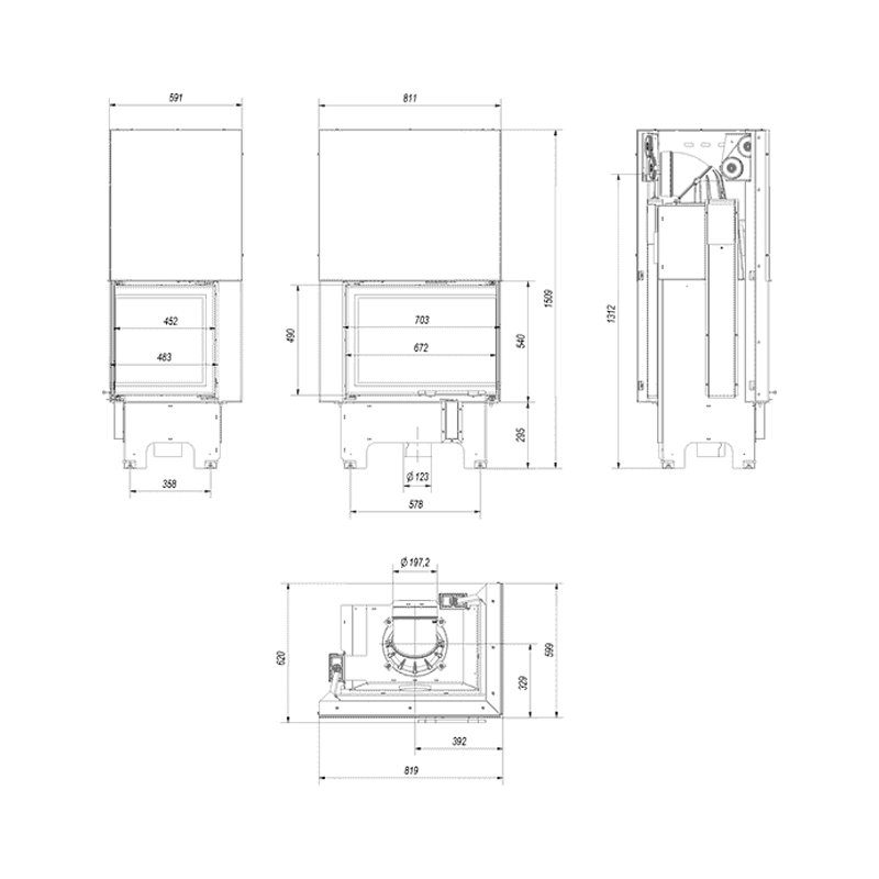 Kratki VNP 700 480 Ενεργειακό Τζάκι Ξύλου Αερόθερμο 12kw Δεξιά Γωνία από Χάλυβα με Συρόμενη Πόρτα Τεχνικό Σχέδιο