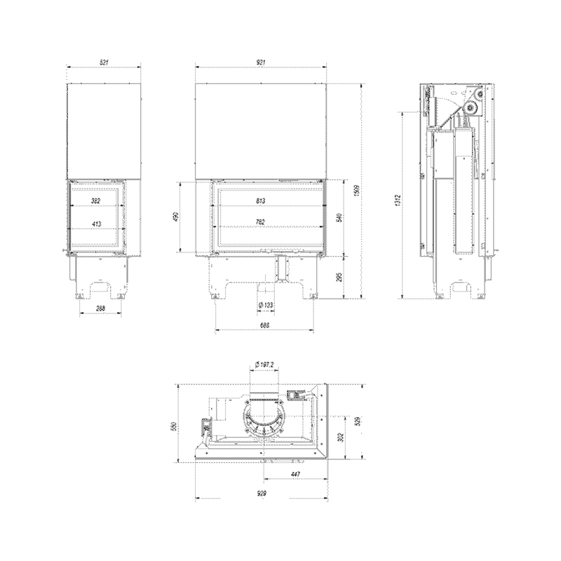 Kratki VNP 810 410 BLACK Ενεργειακό Τζάκι Ξύλου Αερόθερμο 14kW Δεξιά Γωνία από Χάλυβα με Συρόμενη Πόρτα Τεχνικό Σχέδιο