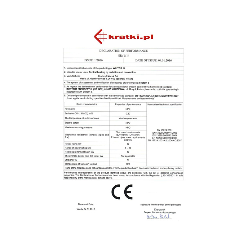 Kratki WIKTOR G Ενεργειακό Τζάκι Ξύλου Αερόθερμο 14kW Ίσιο Μαντεμένιο με Συρόμενη Πόρτα CE