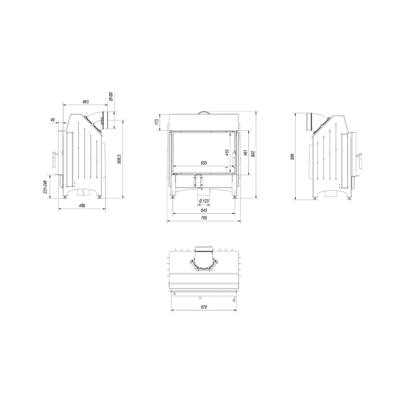 Kratki ZIBI DECO Ενεργειακό Τζάκι Ξύλου Αερόθερμο 11kW Ίσιο από Χάλυβα με Ανοιγόμενη Πόρτα Τεχνικό Σχέδιο