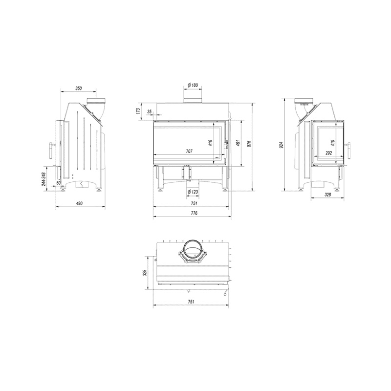 Kratki ZIBI L BS DECO Ενεργειακό Τζάκι Ξύλου Αερόθερμο 11kW Αριστερή Γωνία από Χάλυβα με Ανοιγόμενη Πόρτα Τεχνικό Σχέδιο