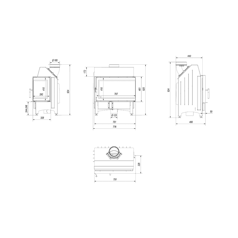 Kratki ZIBI P BS DECO Ενεργειακό Τζάκι Ξύλου Αερόθερμο 11kW Δεξιά Γωνία από Χάλυβα με Ανοιγόμενη Πόρτα Τεχνικό Σχέδιο