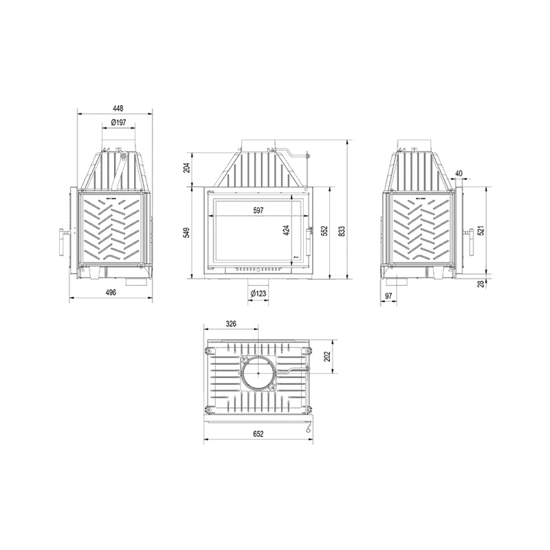 Kratki ZUZIA ECO DECO Ενεργειακό Τζάκι Ξύλου Αερόθερμο 12kW Ίσιο Μαντεμένιο με Ανοιγόμενη Πόρτα Τεχνικό Σχέδιο