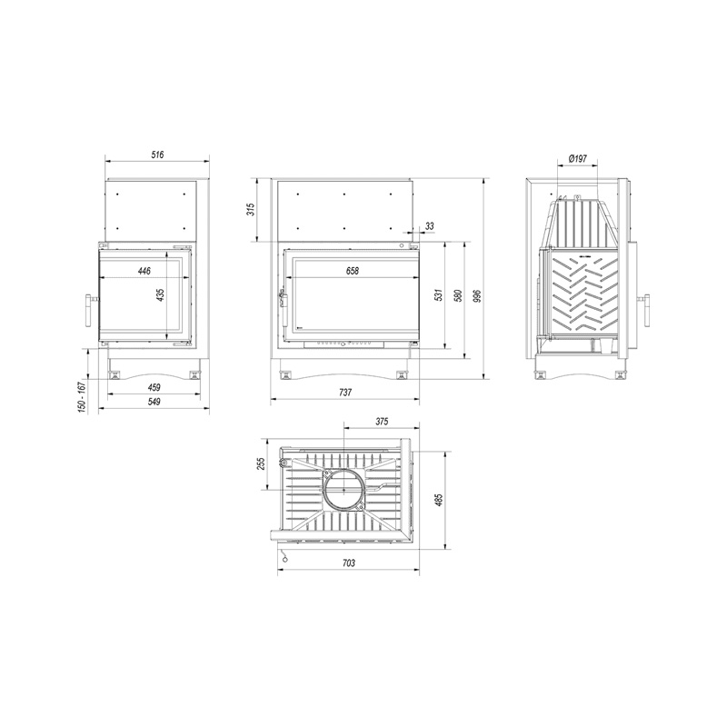 Kratki ZUZIA ECO P BS DECO Ενεργειακό Τζάκι Ξύλου Αερόθερμο 12kW Δεξιά Γωνία Μαντεμένιο με Ανοιγόμενη Πόρτα Τεχνικό Σχέδιο