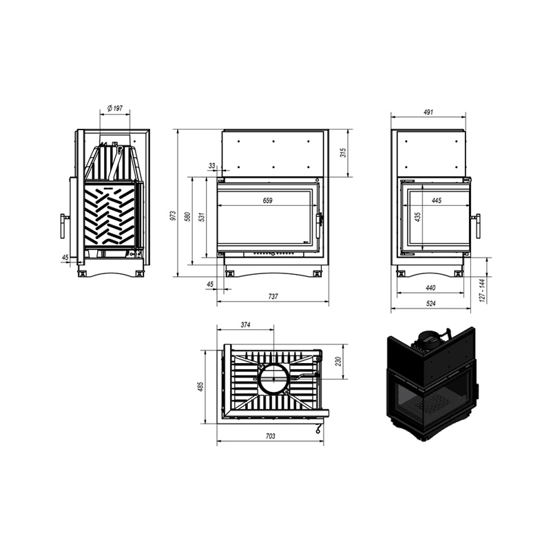 Kratki ZUZIA L BS DECO Ενεργειακό Τζάκι Ξύλου Αερόθερμο 15kW Δεξία Γωνία Μαντεμένιο με Ανοιγόμενη Πόρτα Τεχνικό Σχέδιο