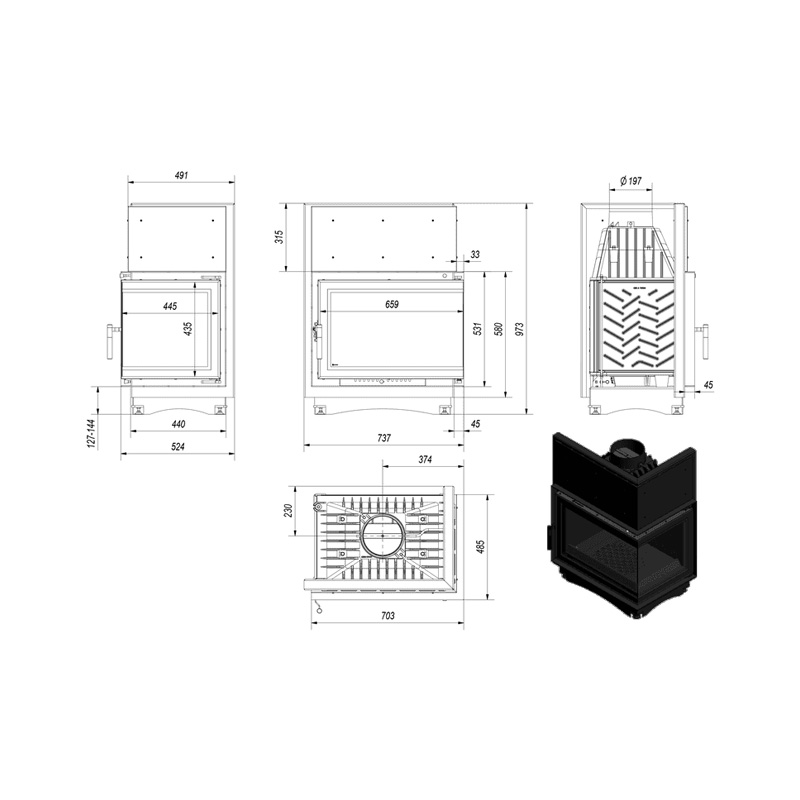 Kratki ZUZIA P BS DECO Ενεργειακό Τζάκι Ξύλου Αερόθερμο 15kW Δεξιά Γωνία Μαντεμένιο με Ανοιγόμενη Πόρτα Τεχνικό Σχέδιο