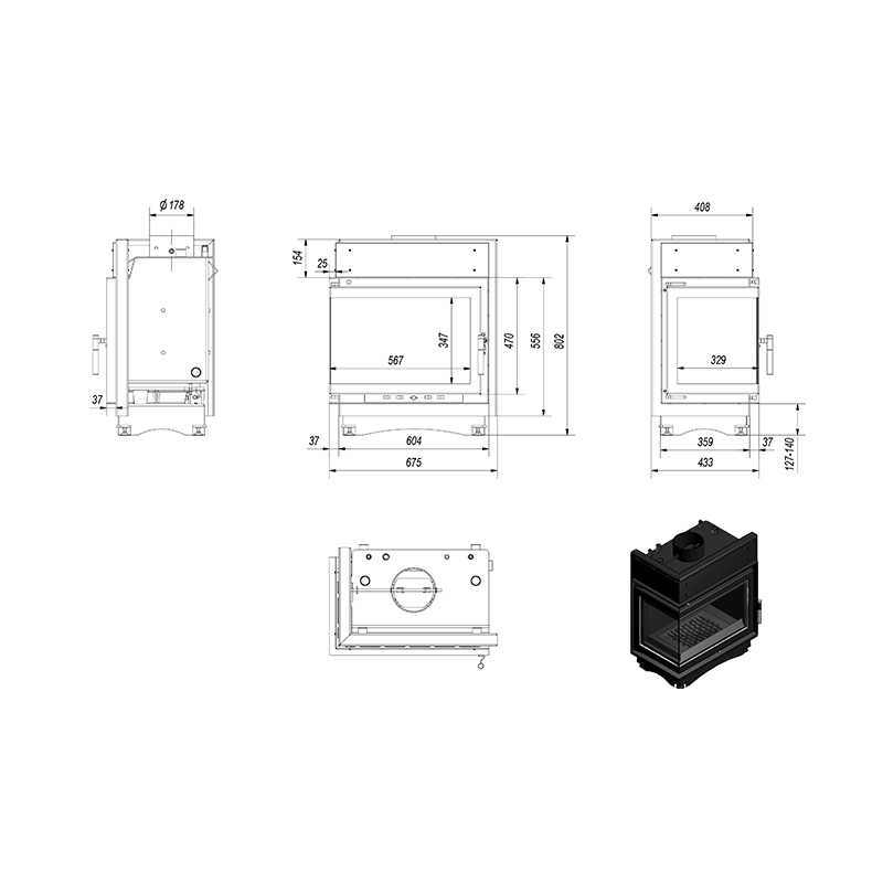 Kratki MAJA PW BL 12 BS W Ενεργειακό Τζάκι Ξύλου Καλοριφέρ 8kW Αριστερή Γωνία με Ανοιγόμενη Πόρτα