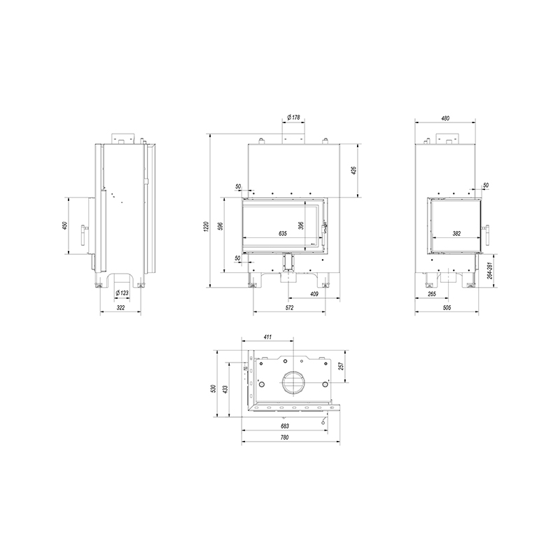 Kratki MBM PW 10 L BS W Ενεργειακό Τζάκι Ξύλου Καλοριφέρ 12kW Αριστερή Γωνία με Ανοιγόμενη Πόρτα