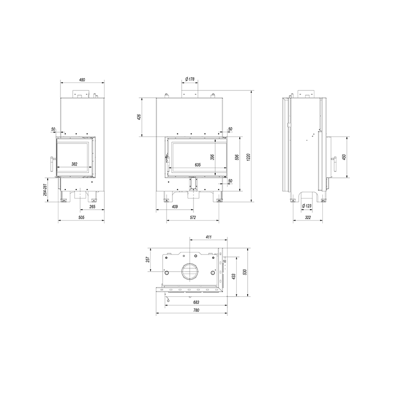 Kratki MBM PW 10 P BS W Ενεργειακό Τζάκι Ξύλου Καλοριφέρ 12kW Δεξιά Γωνία με Ανοιγόμενη Πόρτα