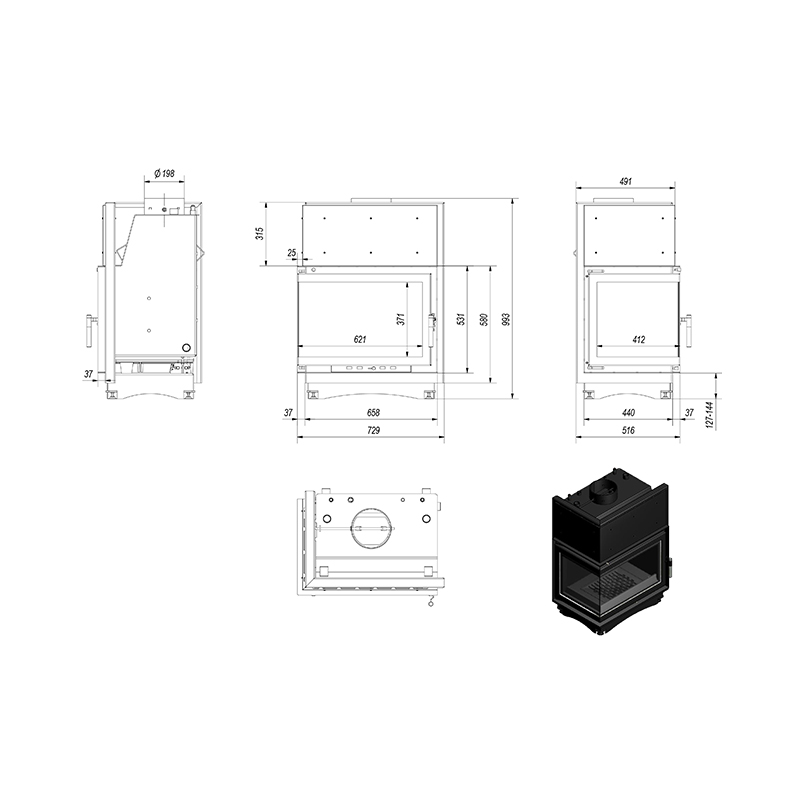 Kratki ZUZIA PW BL 15 BS W Ενεργειακό Τζάκι Ξύλου Καλοριφέρ 12kW Αριστερή Γωνία με Ανοιγόμενη Πόρτα