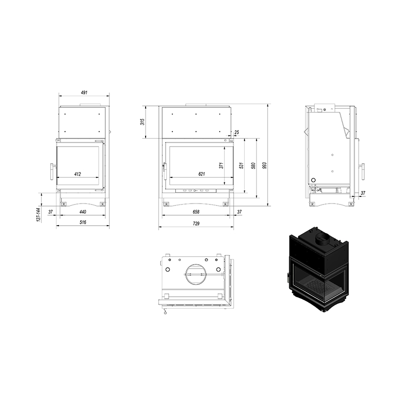 Kratki ZUZIA PW BP 15 BS W Ενεργειακό Τζάκι Ξύλου Καλοριφέρ 12kW Δεξιά Γωνία με Ανοιγόμενη Πόρτα