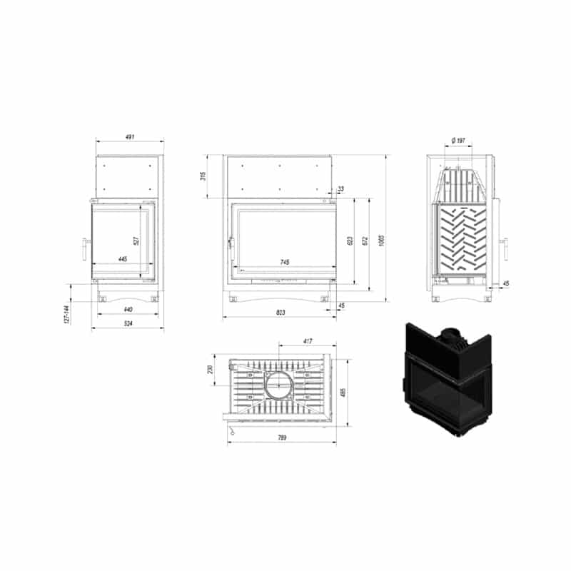 Kratki AMELIA P BS DECO Ενεργειακό Τζάκι Ξύλου Αερόθερμο 21kw Δεξιά Γωνία Μαντεμένιο με Ανοιγόμενη Πόρτα Τεχνικό Σχέδιο