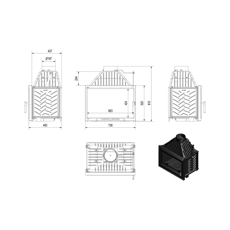 Kratki OLIWIA DECO Ενεργειακό Τζάκι Ξύλου Αερόθερμο 16kw Ίσιο Μαντεμένιο με Ανοιγόμενη Πόρτα Τεχνικό Σχέδιο