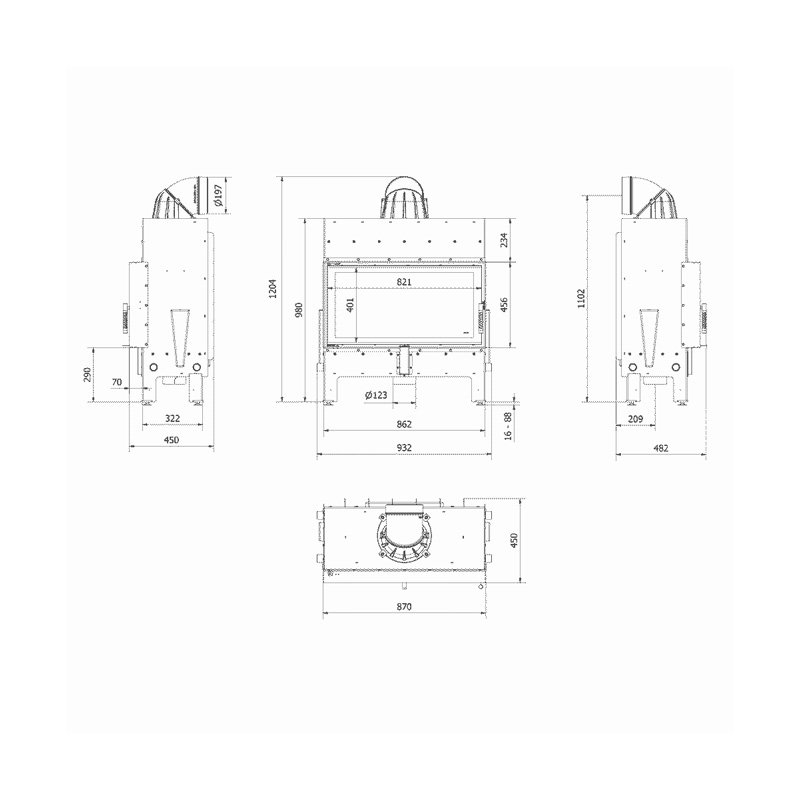 Kratki FLOKI L PF BLACK Ενεργειακό Τζάκι Ξύλου Αερόθερμο 12kw Ίσιο από Χάλυβα με Ανοιγόμενη Πόρτα