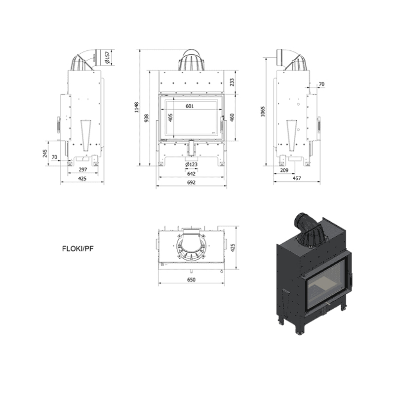 Kratki FLOKI S PF BLACK Ενεργειακό Τζάκι Ξύλου Αερόθερμο 8kw Ίσιο από Χάλυβα με Ανοιγόμενη Πόρτα Επένδυση Μαύρα Κεραμικά TERMOTEC