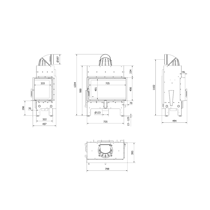 Kratki FLOKI M P BLACK Ενεργειακό Τζάκι Ξύλου Αερόθερμο 10kw Δεξιά Γωνία από Χάλυβα με Ανοιγόμενη Πόρτα Επένδυση