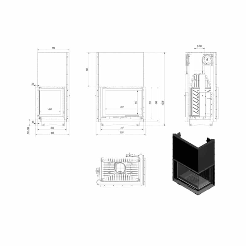 Kratki AMELIA P BS Guillotine Ενεργειακό Τζάκι Ξύλου Αερόθερμο 21kw Δεξιά Γωνία Μαντεμένιο με Συρόμενη Πόρτα Τεχνικό Σχέδιο