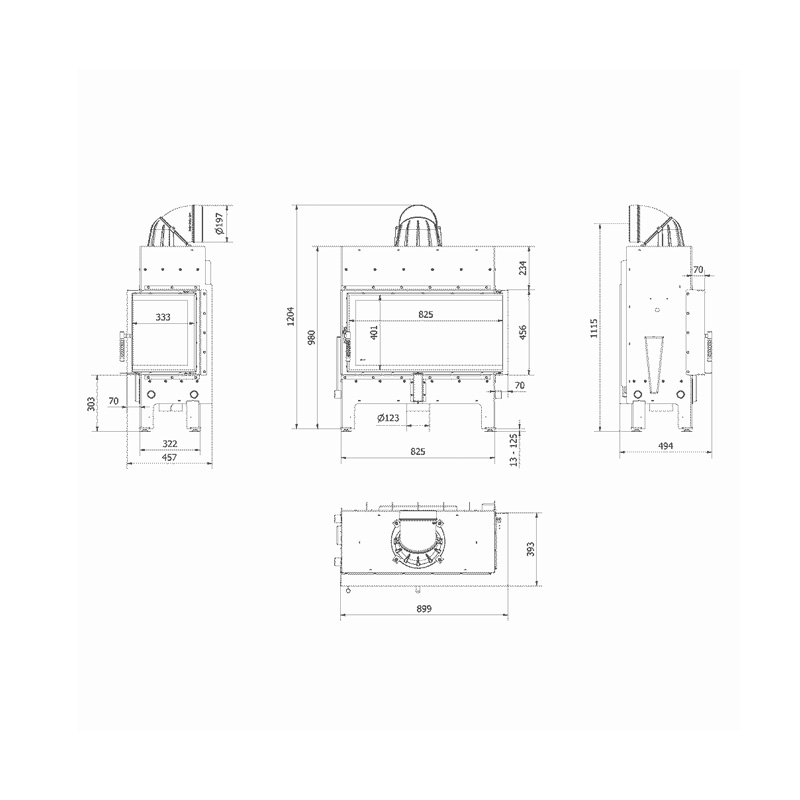 Kratki FLOKI L P BLACK Ενεργειακό Τζάκι Ξύλου Αερόθερμο 12kw Δεξιά Γωνία από Χάλυβα με Ανοιγόμενη Πόρτα