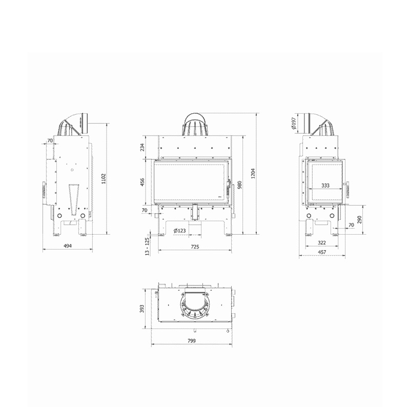 Kratki FLOKI M L BLACK Ενεργειακό Τζάκι Ξύλου Αερόθερμο 10kw Αριστερή Γωνία από Χάλυβα με Ανοιγόμενη Πόρτα