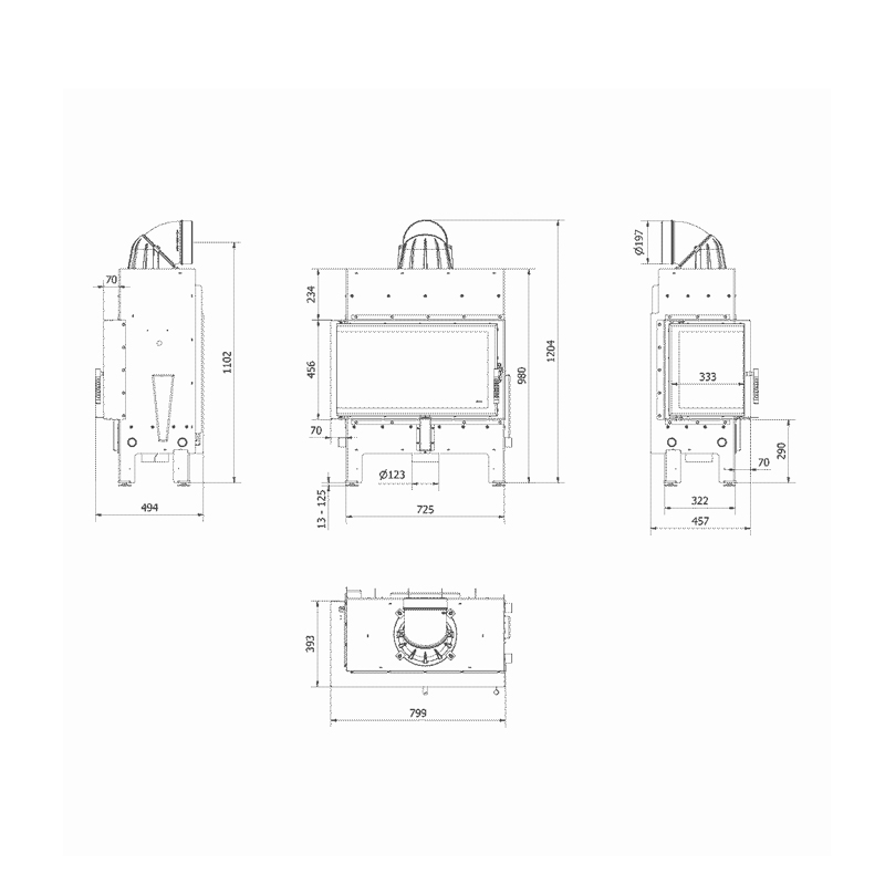 Kratki FLOKI M L Ενεργειακό Τζάκι Ξύλου Αερόθερμο 10kw Αριστερή Γωνία από Χάλυβα με Ανοιγόμενη Πόρτα