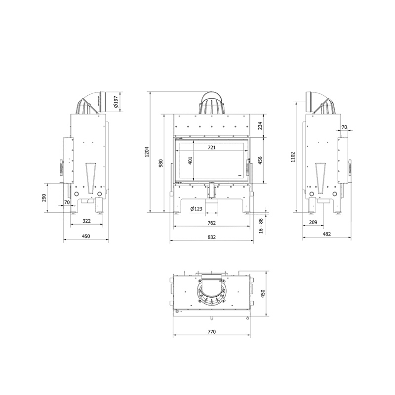 Kratki FLOKI M PF BLACK Ενεργειακό Τζάκι Ξύλου Αερόθερμο 10kw Ίσιο από Χάλυβα με Ανοιγόμενη Πόρτα