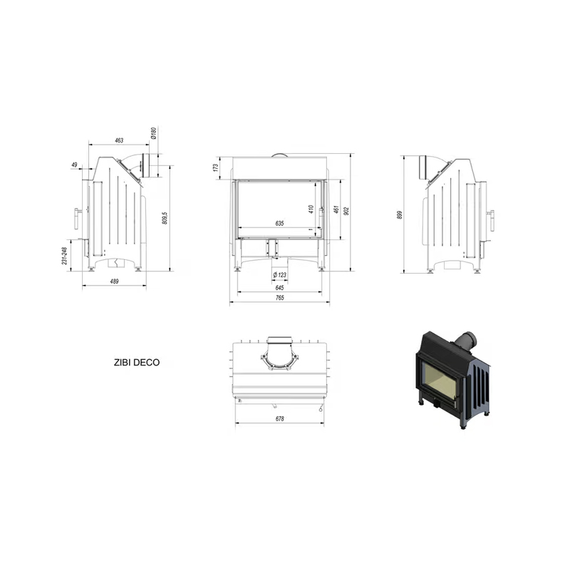 Kratki ZIBI DECO BLACK Ενεργειακό Τζάκι Ξύλου Αερόθερμο 11kW Ίσιο από Χάλυβα με Ανοιγόμενη Πόρτα Τεχνικό Σχέδιο