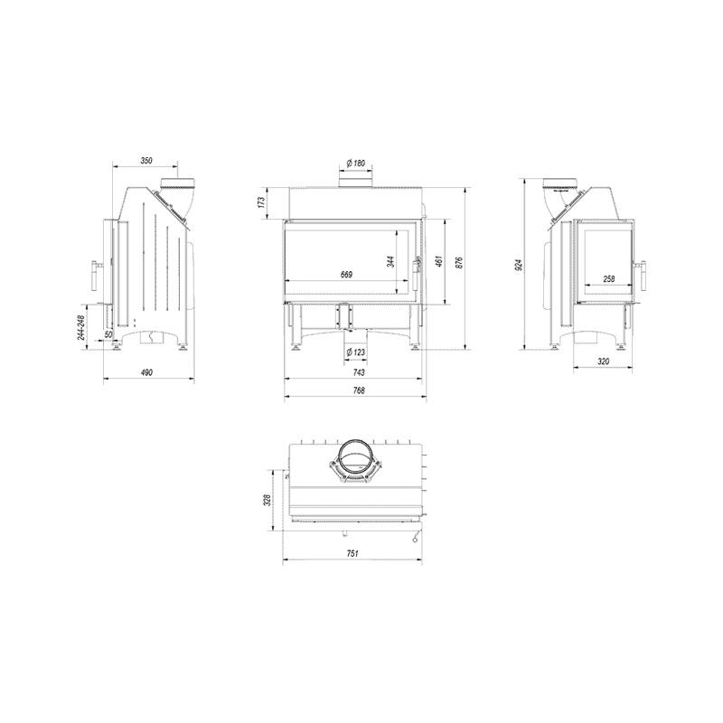 Kratki ZIBI L BS BLACK Ενεργειακό Τζάκι Ξύλου Αερόθερμο 11kW Αριστερή Γωνία από Χάλυβα με Ανοιγόμενη Πόρτα Τεχνικό Σχέδιο