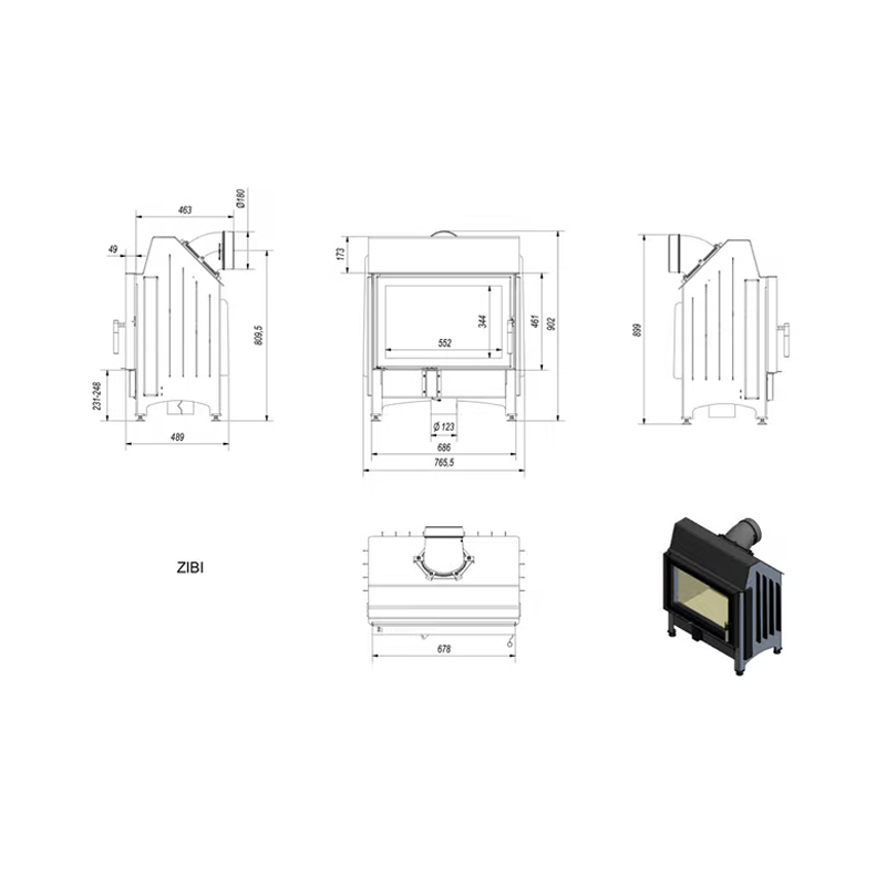 Kratki ZIBI PF BLACK Ενεργειακό Τζάκι Ξύλου Αερόθερμο 11kW Ίσιο από Χάλυβα με Ανοιγόμενη Πόρτα Τεχνικό Σχέδιο