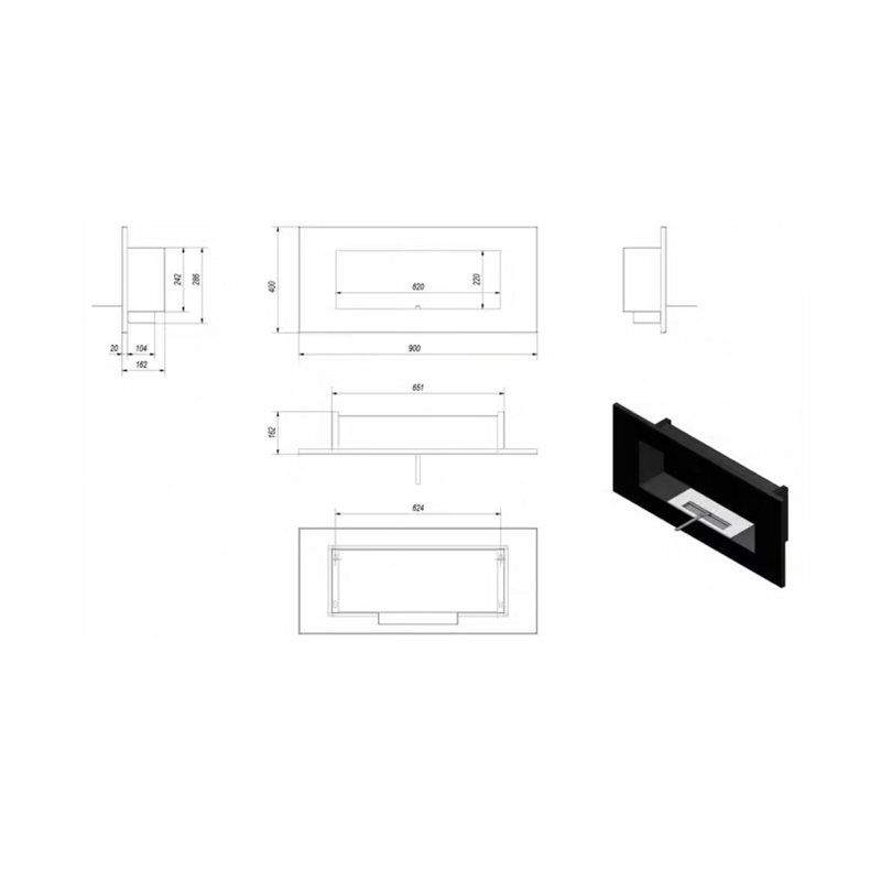 Kratki DELTA 2 CZARNY HORIZONTAL TUV Tζάκι Βιοαιθανόλης Επιτοίχιο Εσωτερικού Χώρου Μαύρο και Ασημί Τεχνικό Σχέδιο