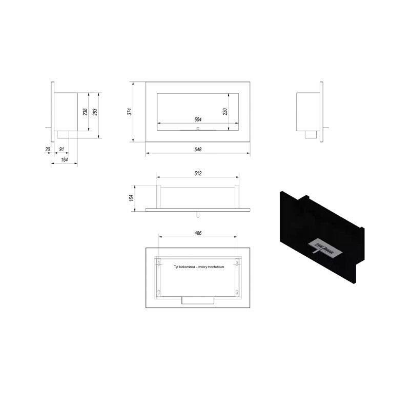 Kratki GOLF CZARNY HORIZONTAL TUV Tζάκι Βιοαιθανόλης Επιτοίχιο Εσωτερικού Χώρου Μαύρο και Ασημί Τεχνικό Σχέδιο