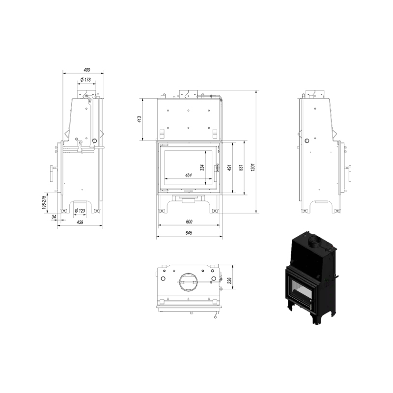 Kratki AQUARIO M 12 PW W Ενεργειακό Τζάκι Ξύλου Καλοριφέρ 12kW Ίσιο με Ανοιγόμενη Πόρτα Τεχνικό Σχέδιο