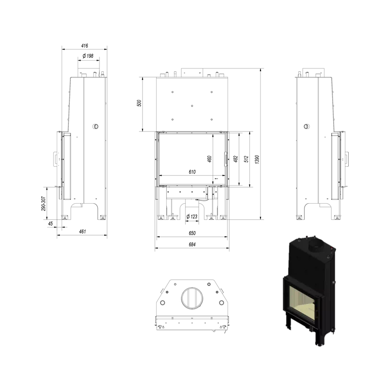 Kratki NADIA PW 10 W Ενεργειακό Τζάκι Ξύλου Καλοριφέρ 12kW Ίσιο με Ανοιγόμενη Πόρτα Τεχνικό Σχέδιο